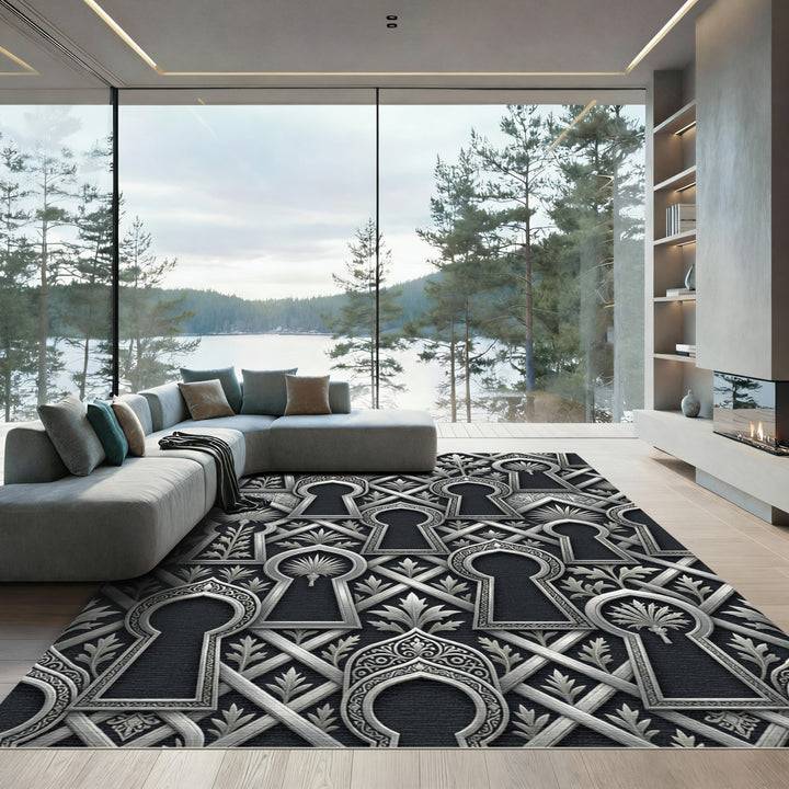 Ornate Silver Keyhole Arabesque Rug
