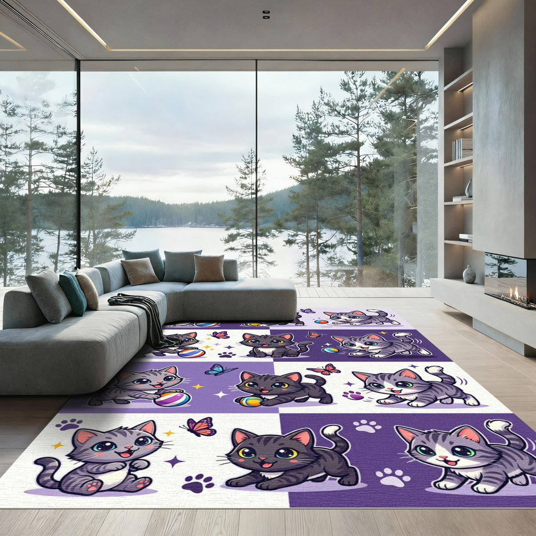 Playful Kittens Butterflies Purple Checkerboard Rug