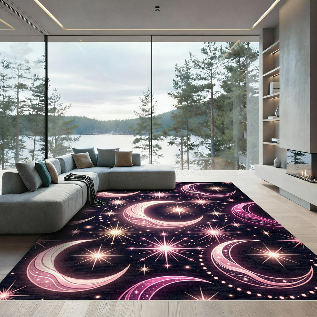 Iridescent Pink Celestial Crescent Moons Rug