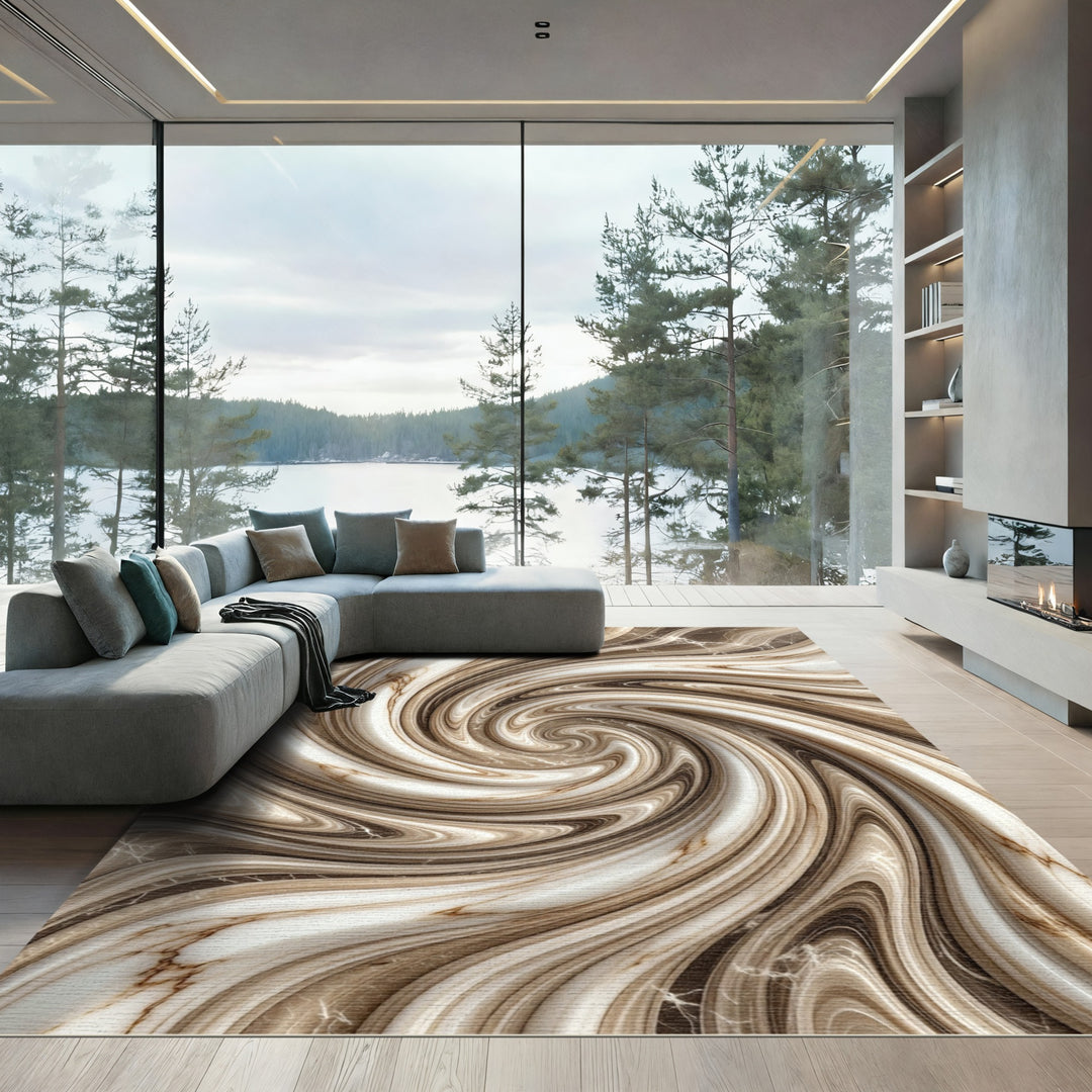 Brown White Swirl Marble Texture Rug