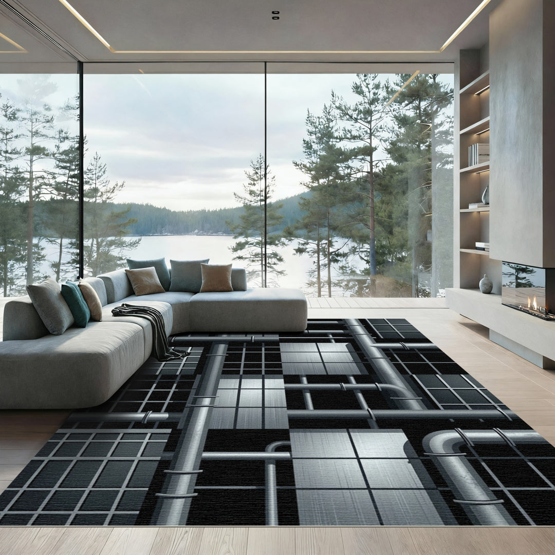 Industrial Metallic Grid Pipe Arrangement Rug