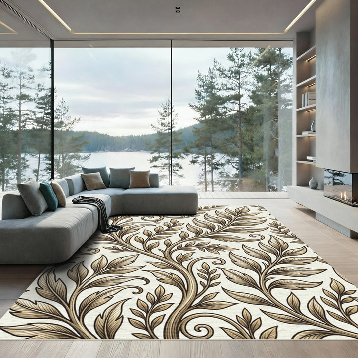 Elegant Gold Acanthus Leaf Scrollwork Rug