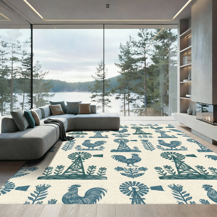 Farmstead Teal Rooster Windmill Floral Rug
