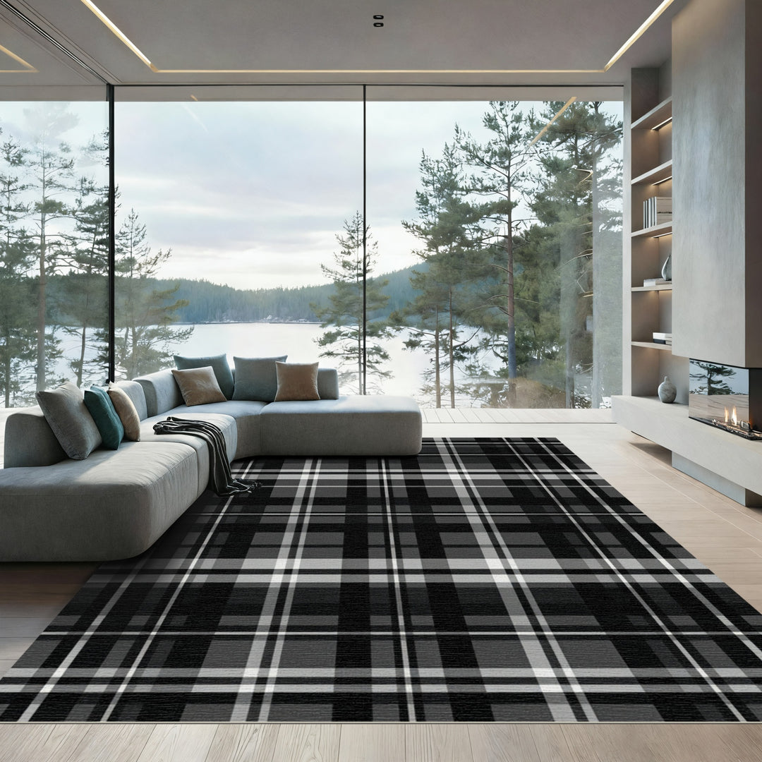 Classic Black White Plaid Checkered Rug