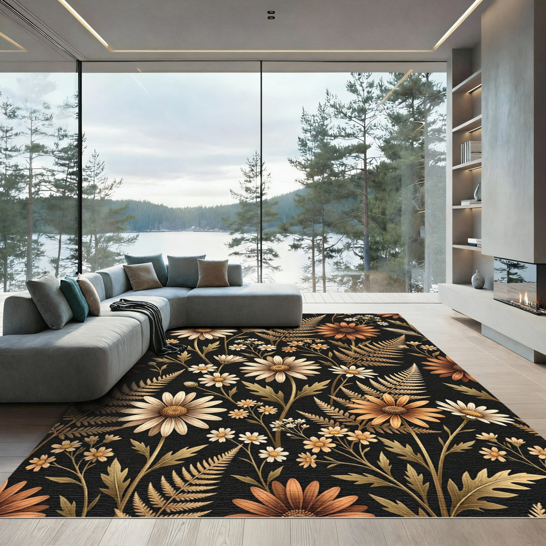 Brown Daisy Fern Botanical Black Rug