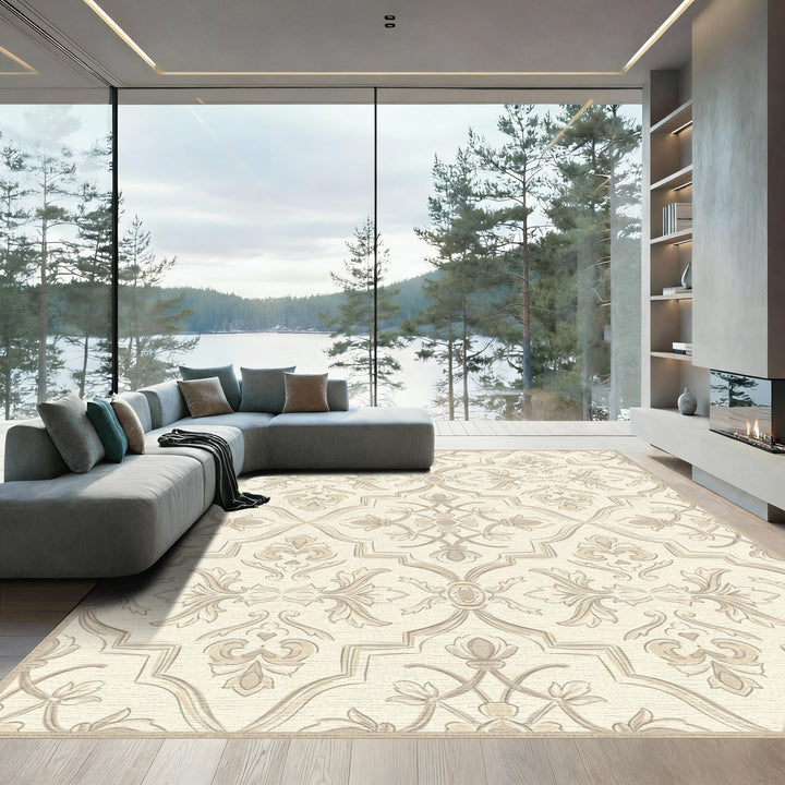 Elegant Ivory Tan Floral Damask Rug