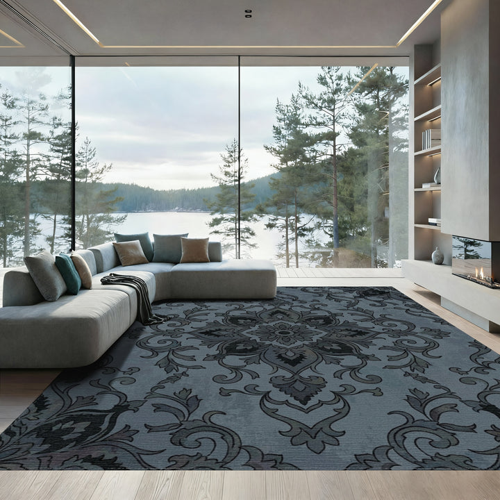 Dark Gray Floral Medallion Accent Rug
