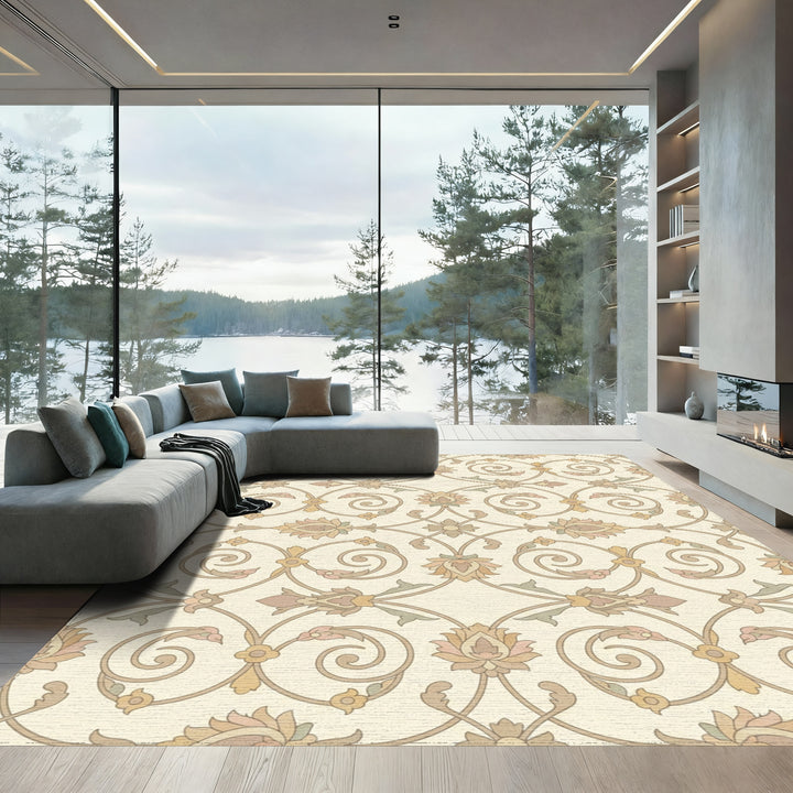 Pastel Floral Scrollwork With Lotus Bloom Rug