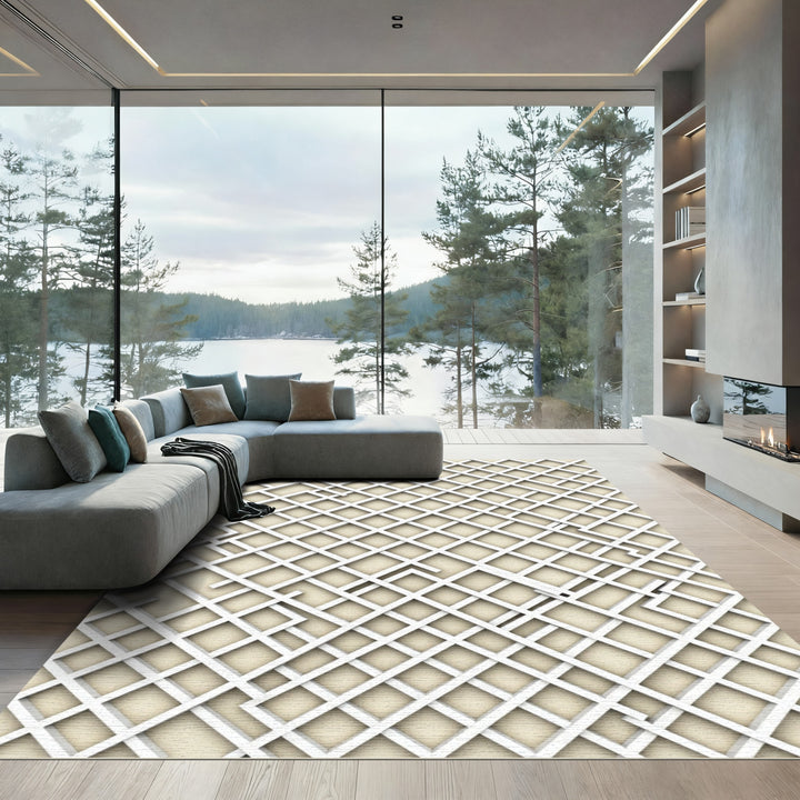 White Lattice Geometric Composition Rug