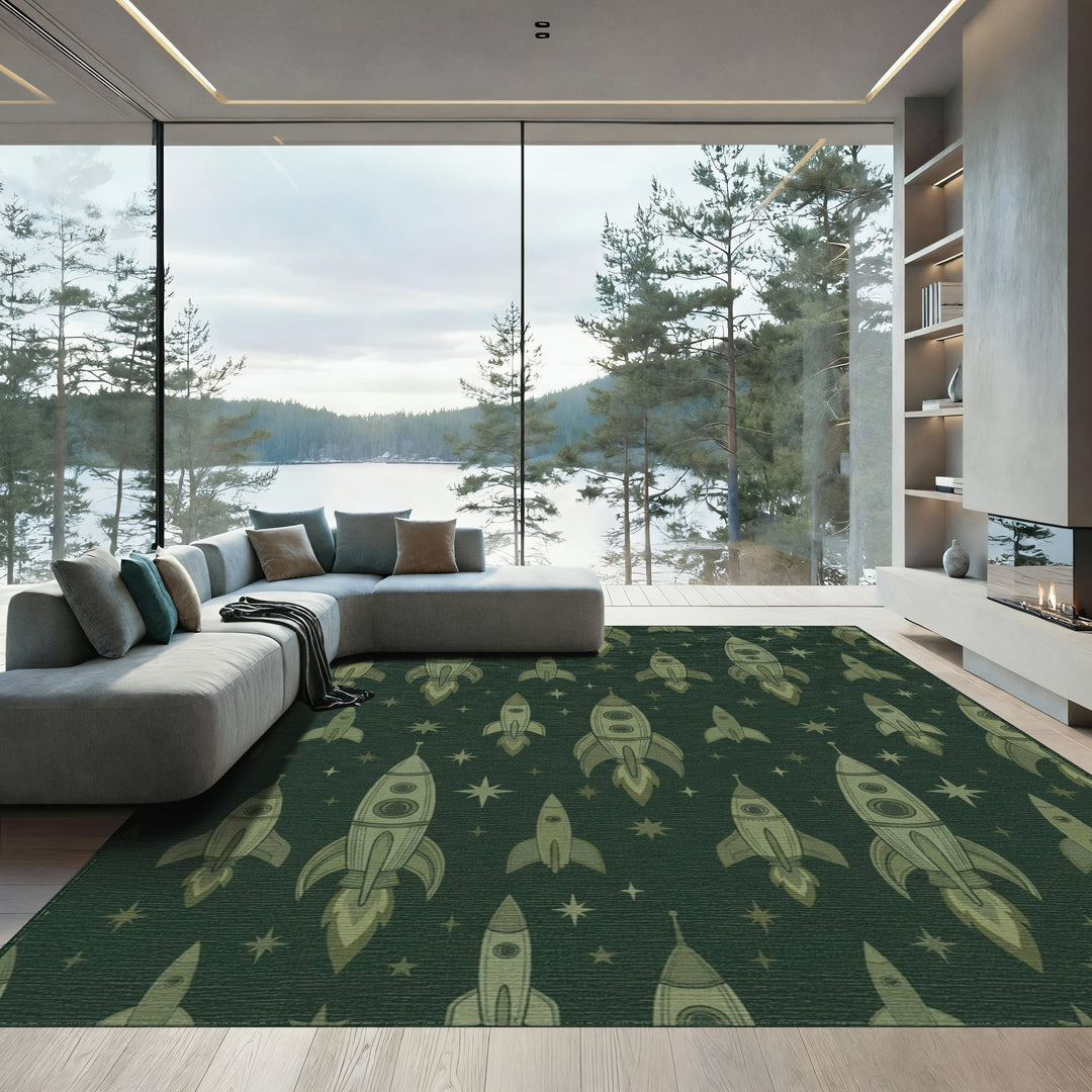 Retro Green Rocket Starburst Print Rug