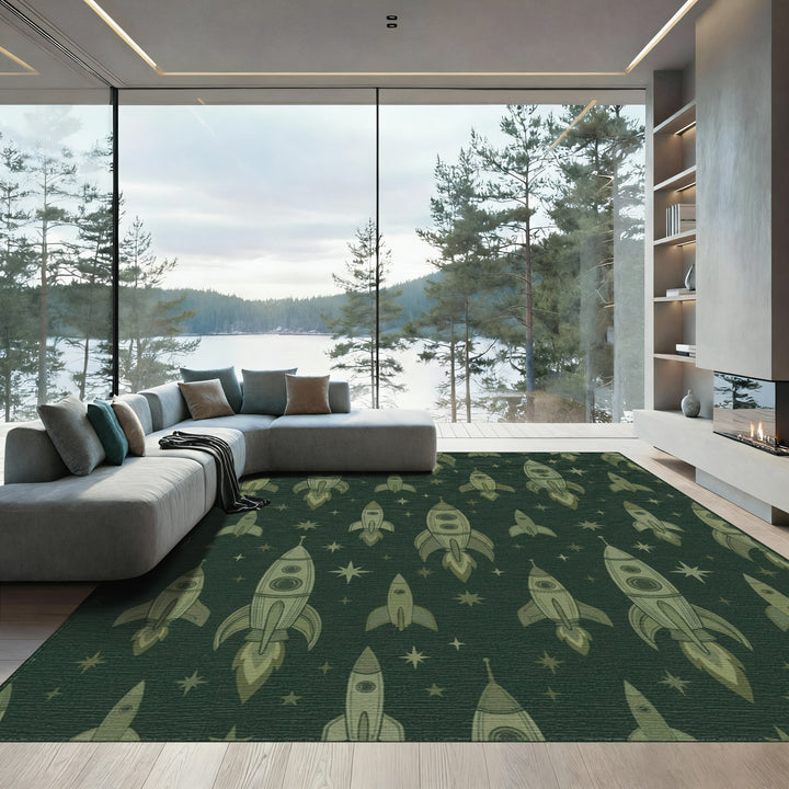 Retro Green Rocket Starburst Print Rug