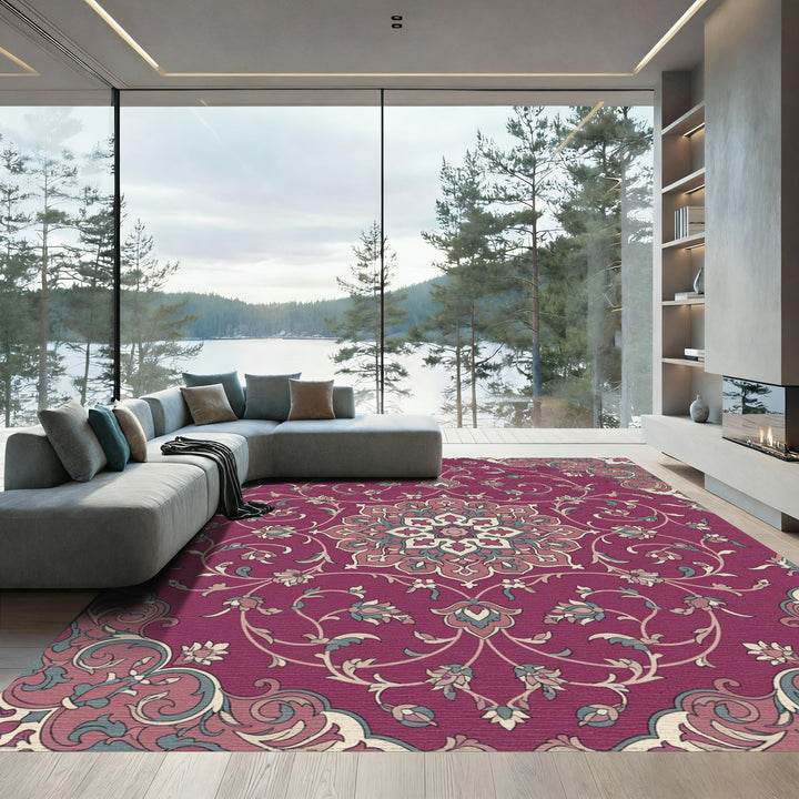 Crimson Floral Medallion Botanical Scroll Rug