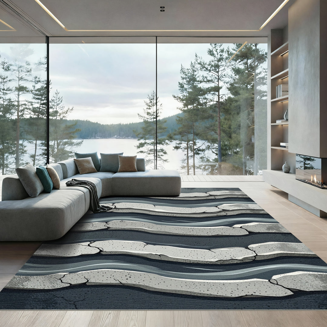Cracked Stone Abstract Layered Waves Rug