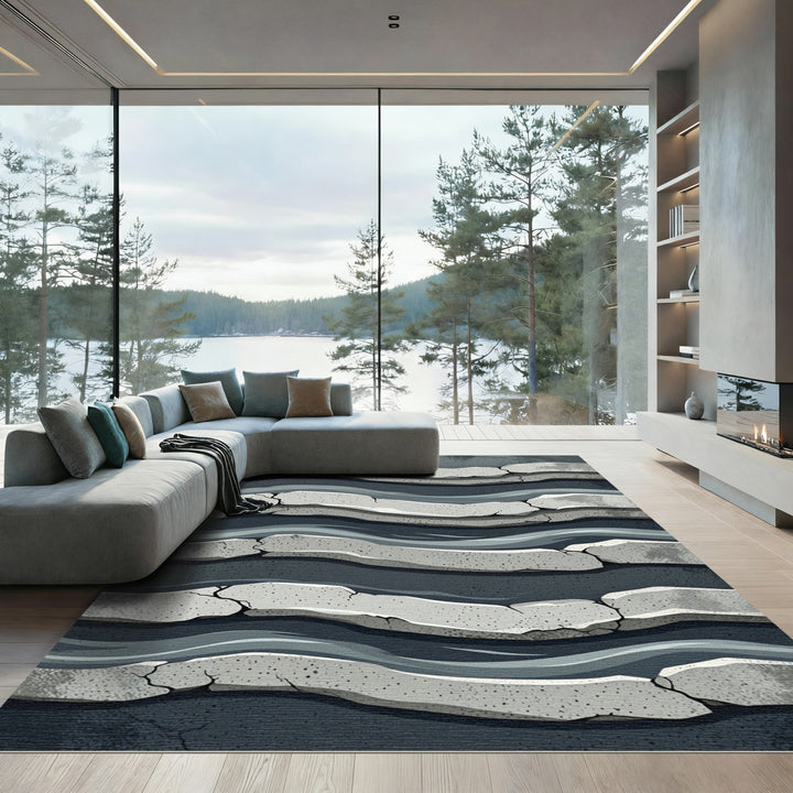 Cracked Stone Abstract Layered Waves Rug
