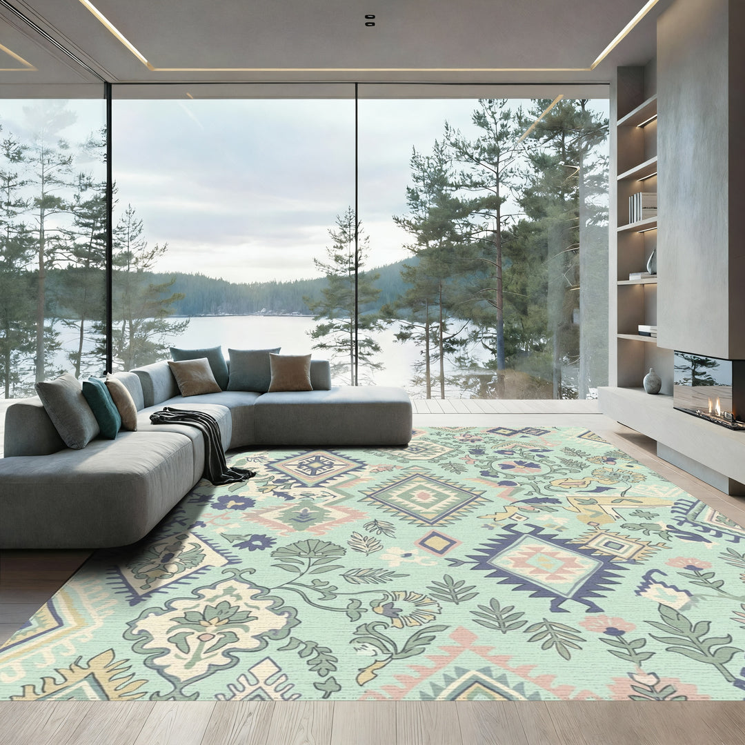 Pale Teal Tribal Diamond Floral Rug