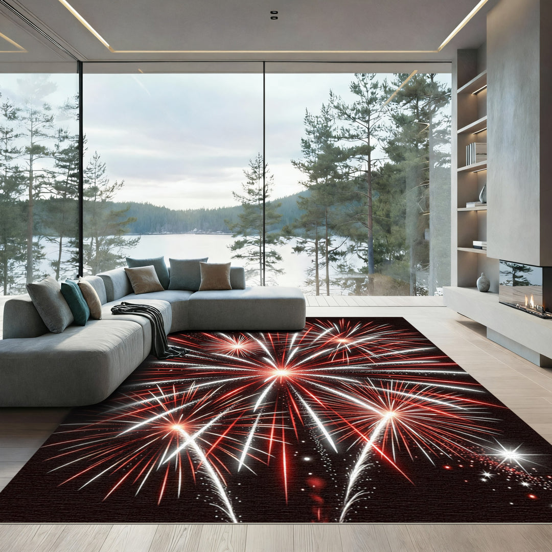 Fiery Red White Bursting Fireworks Rug