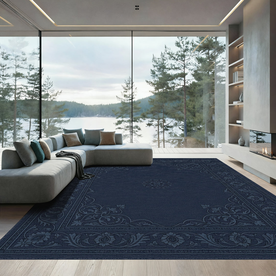 Deep Indigo Floral Garden Medallion Rug