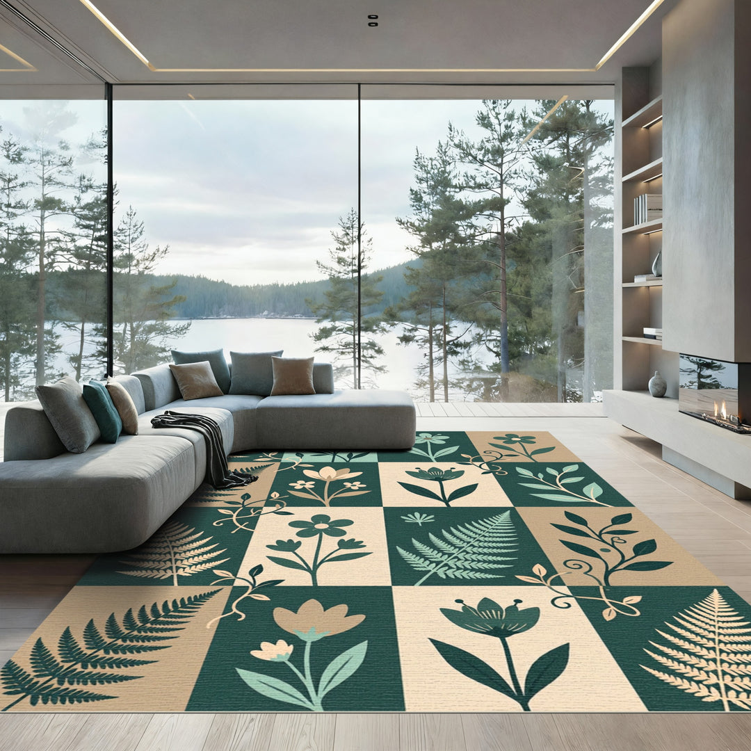 Botanical Fern Floral Squares Arrangement Rug