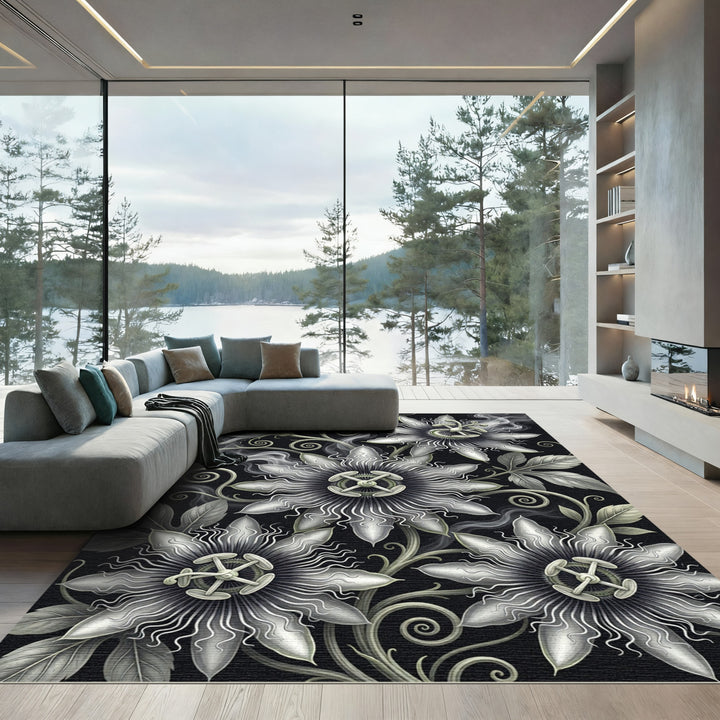 Ethereal White Passion Flower Swirl Rug