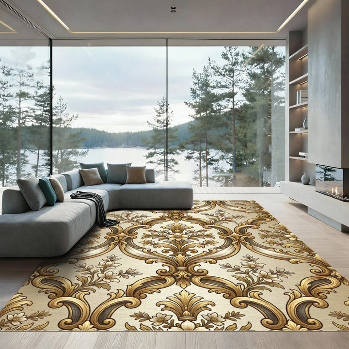 Antique Gold Floral Damask Ornament Rug