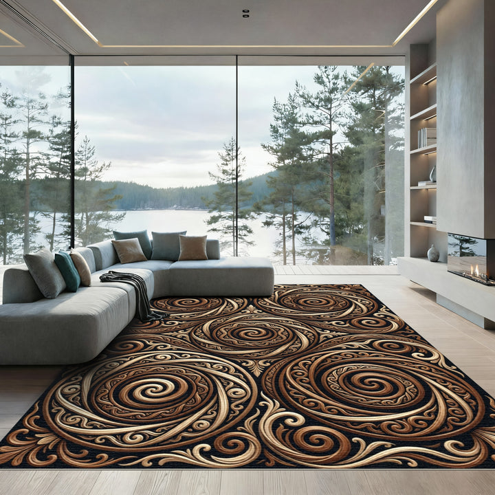 Ornate Golden Spiral Intricate Relief Rug