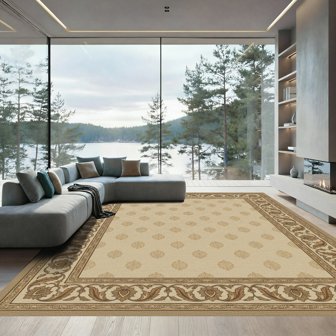 Elegant Beige Floral Border Medallion Rug