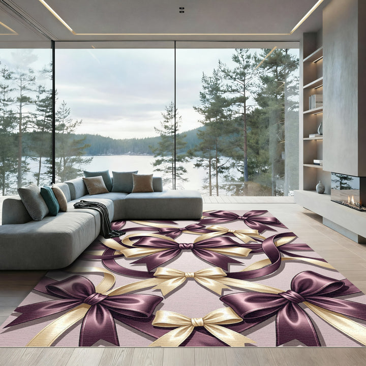 Rich Plum Bows Cream Ribbon Rug