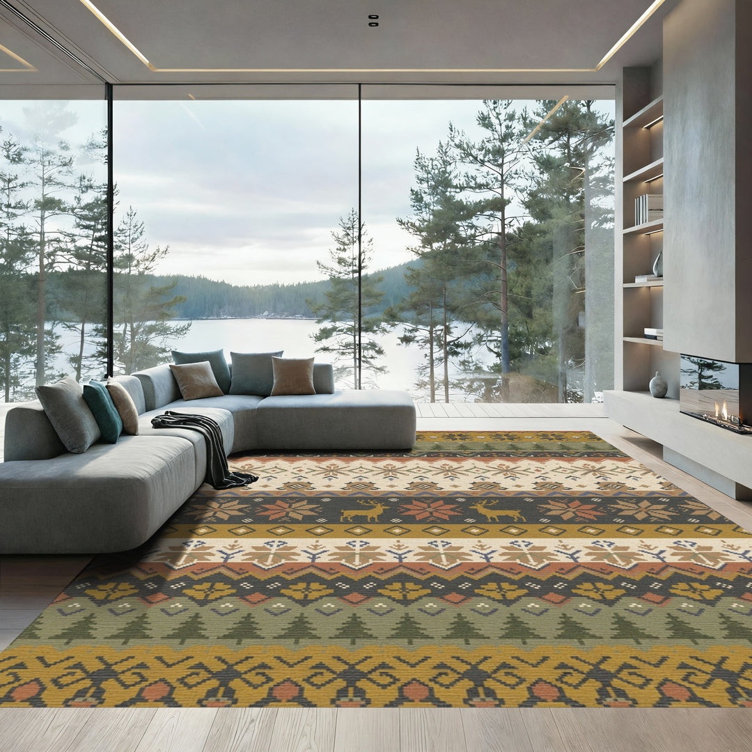 Earthy Woodland Deer Snowflake Stripes Rug
