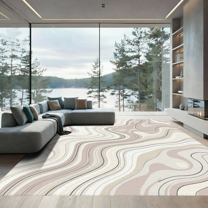 Cream and Taupe Swirling Abstract Lines Rug