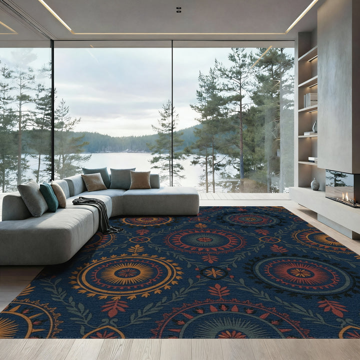 Dark Blue Medallion Floral Foliage Rug