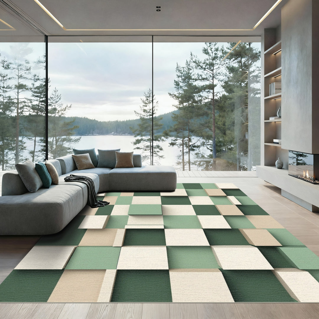 Green Beige Cream Wood Block Rug
