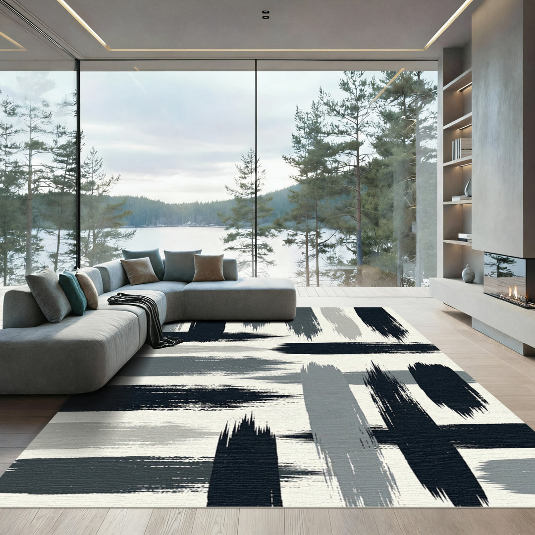 Abstract Brushstrokes Gray Black Rug