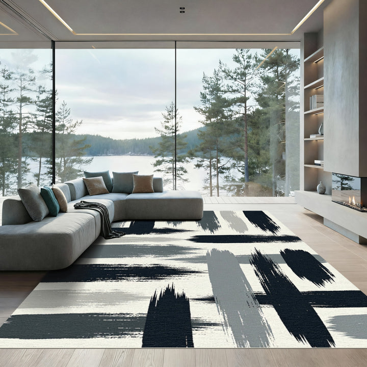 Abstract Brushstrokes Gray Black Rug