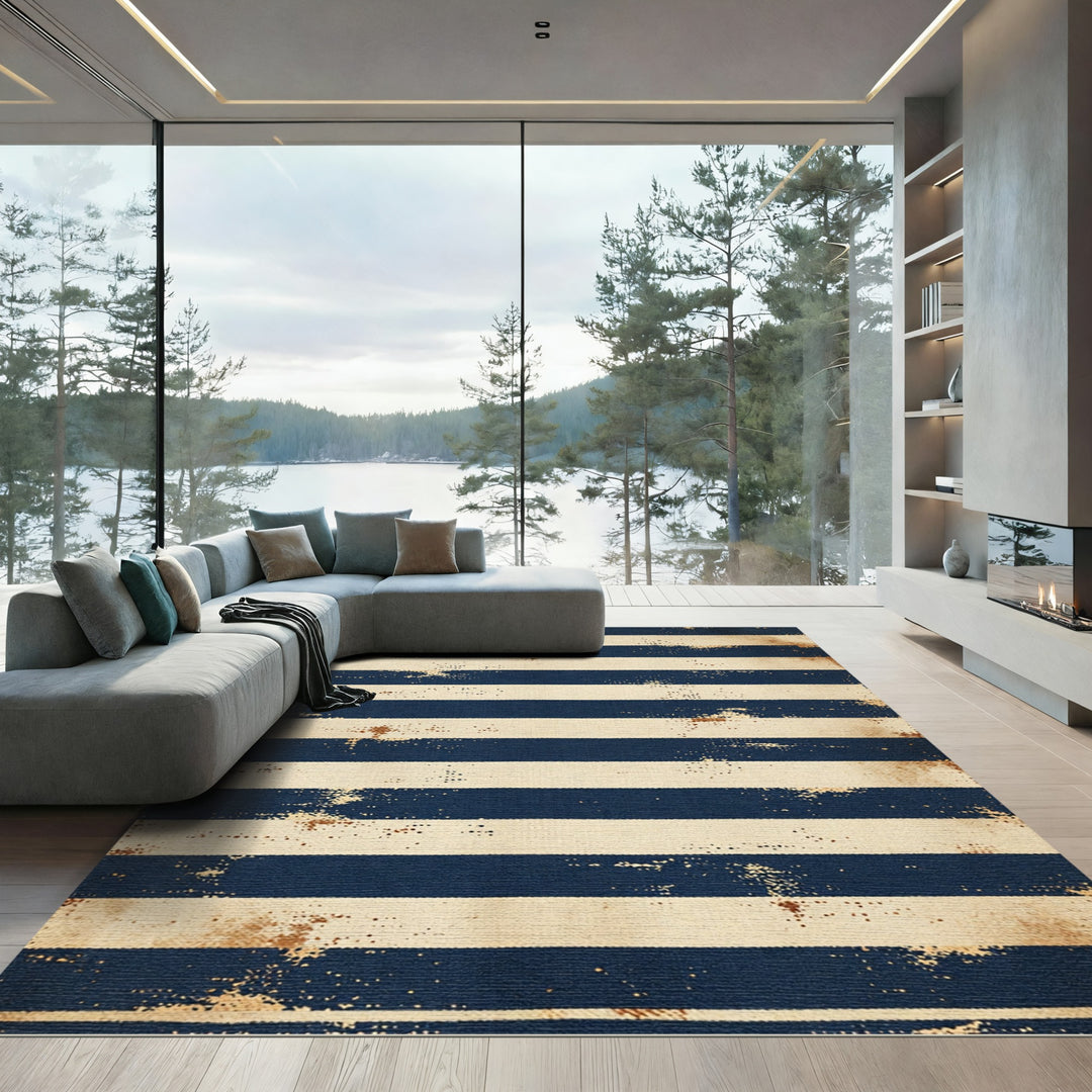 Nautical Blue Beige Distressed Stripes Rug
