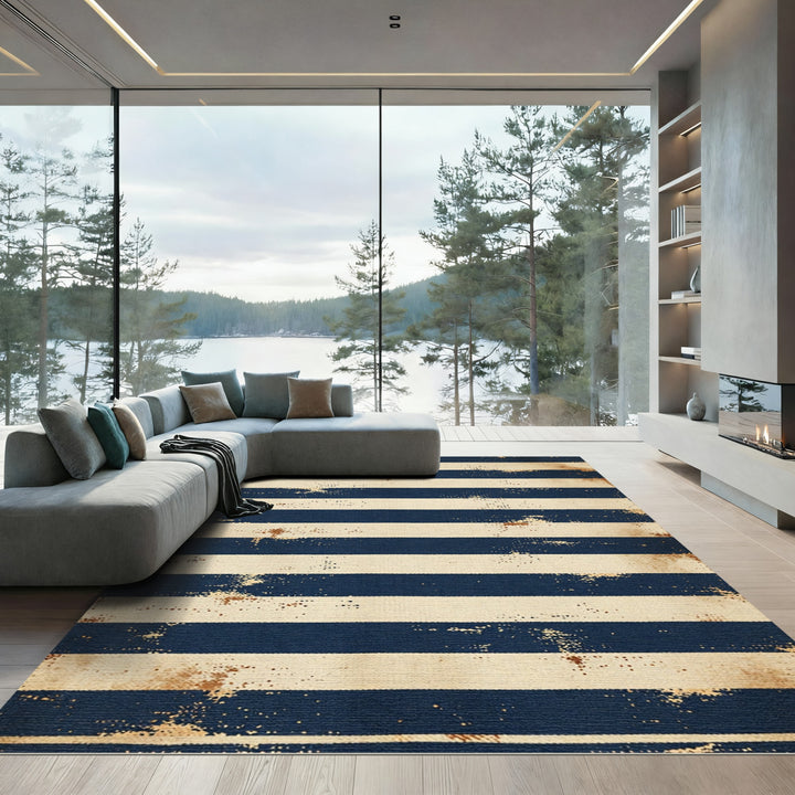Nautical Blue Beige Distressed Stripes Rug
