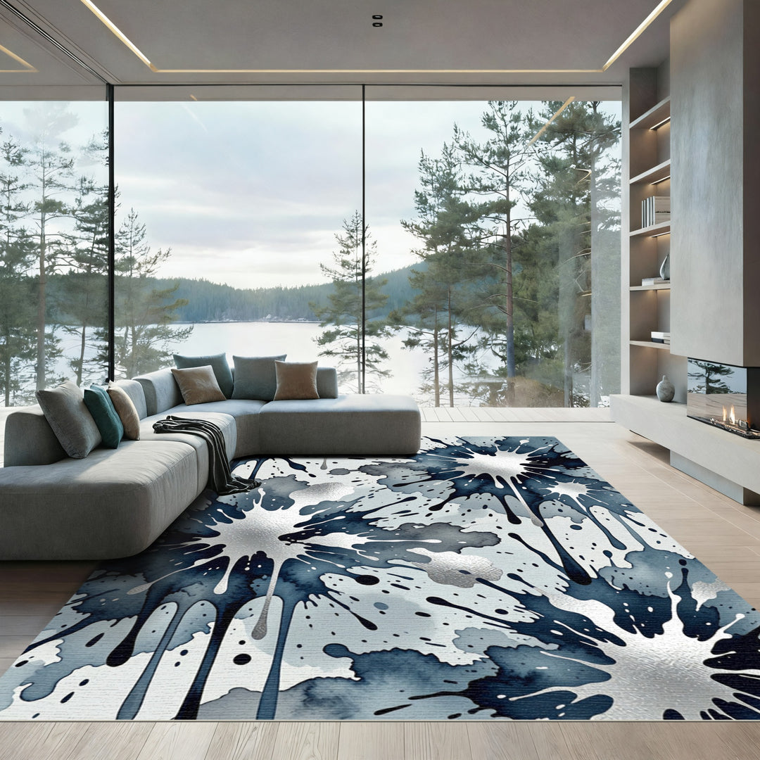 Ethereal Indigo Splatter Abstract Rug