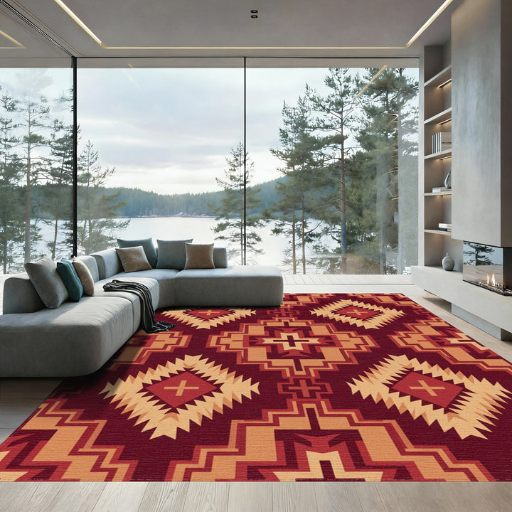 Deep Red Geometric Diamond Sunburst Rug