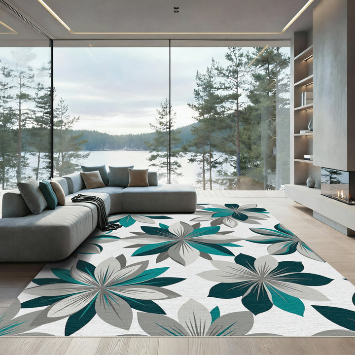 Teal Gray Mid Century Floral Rug