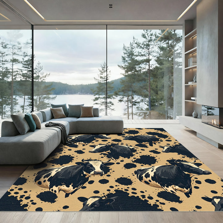Black White Cow Splatter Pattern Rug