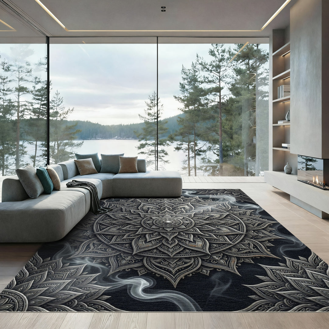 Ornate Silver Mandala Smoke Abstract Rug