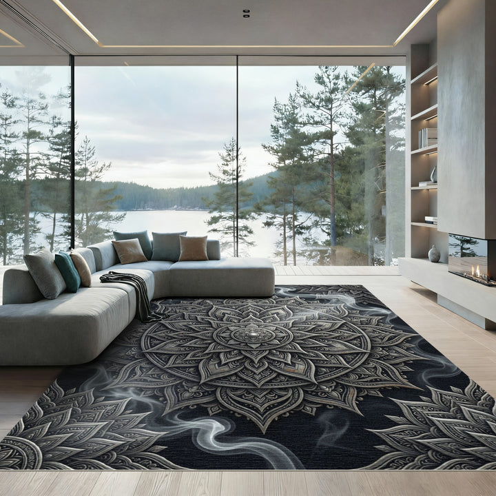 Ornate Silver Mandala Smoke Abstract Rug