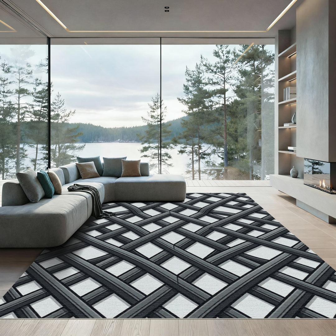 Modern Gray Interwoven Lattice Rug