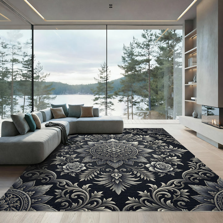 Ornate Charcoal Floral Mandala Rug