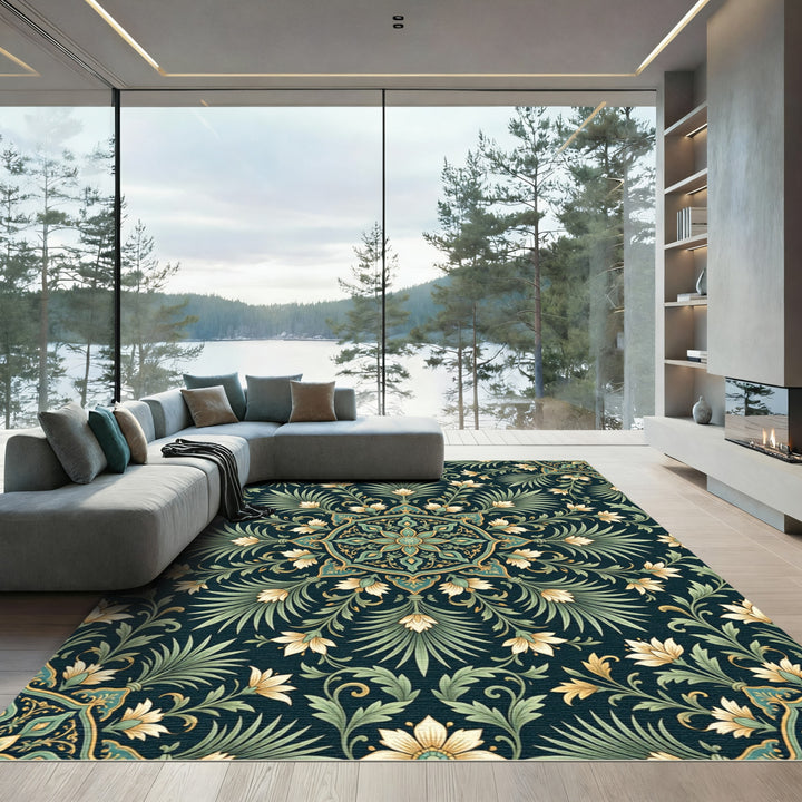 Deep Teal Floral Fern Mandala Rug