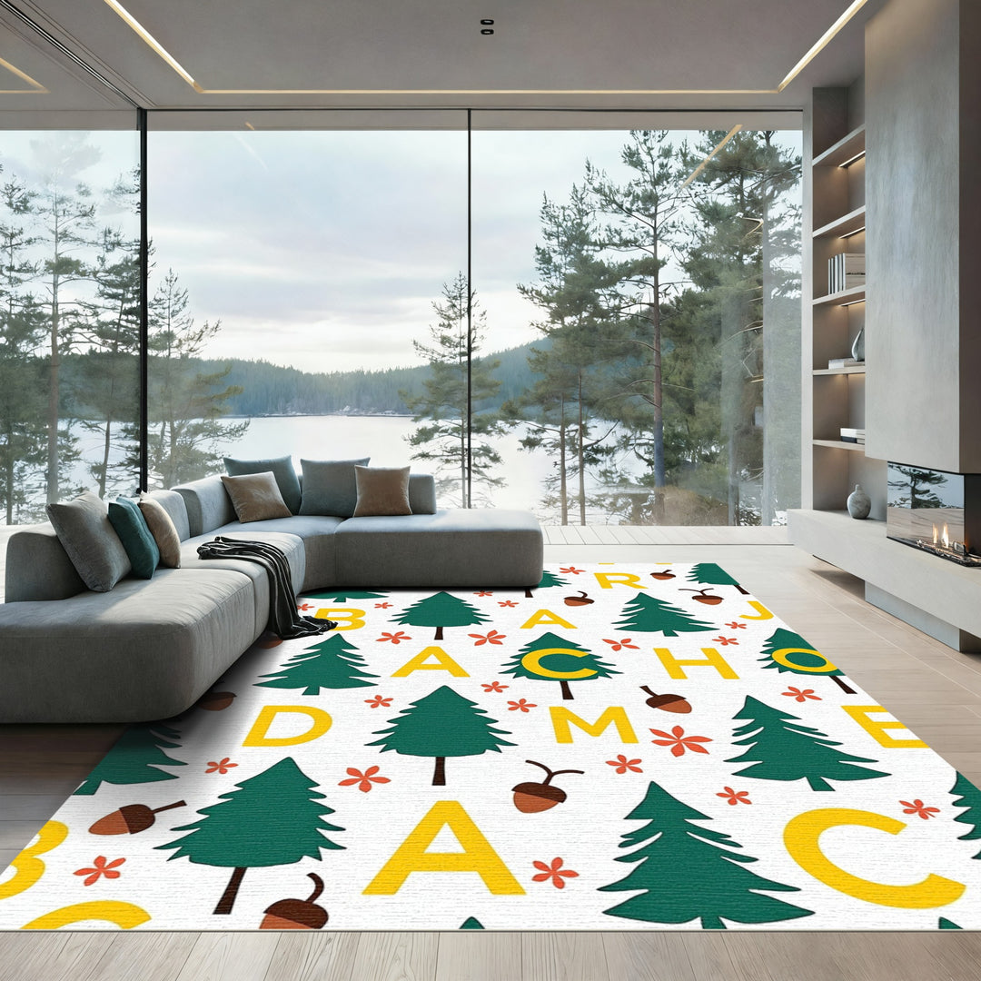 Green Forest Alphabet Acorn Blooms Pattern Rug