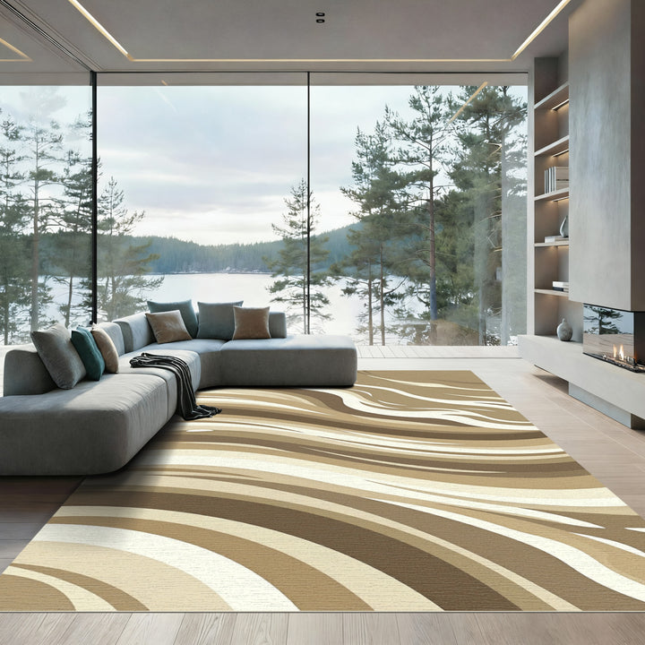 Brown Beige Swirling Abstract Lines Rug