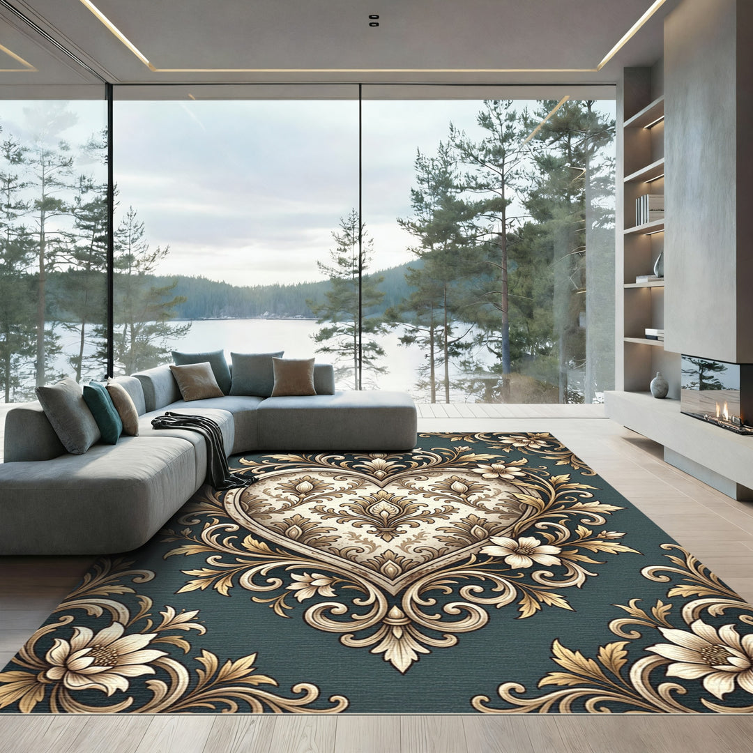 Elegant Golden Heart Damask Rug
