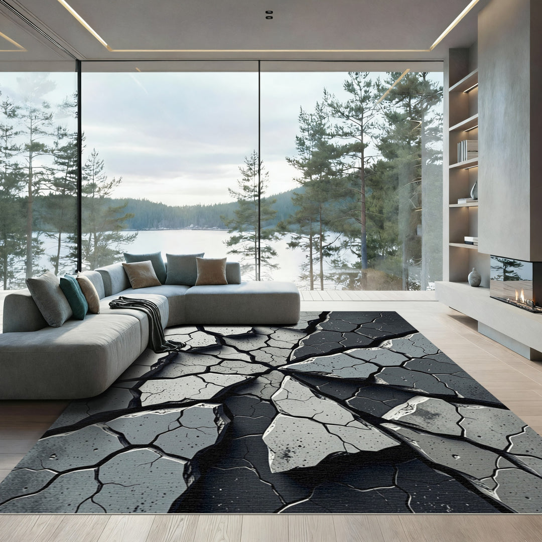 Dramatic Gray Cracked Stone Arrangement Rug