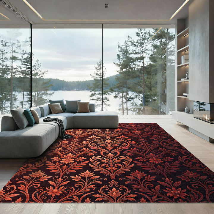Rich Burgundy Floral Damask Rug