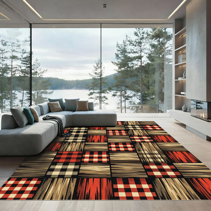 Rustic Gingham Wood Patchwork Rug
